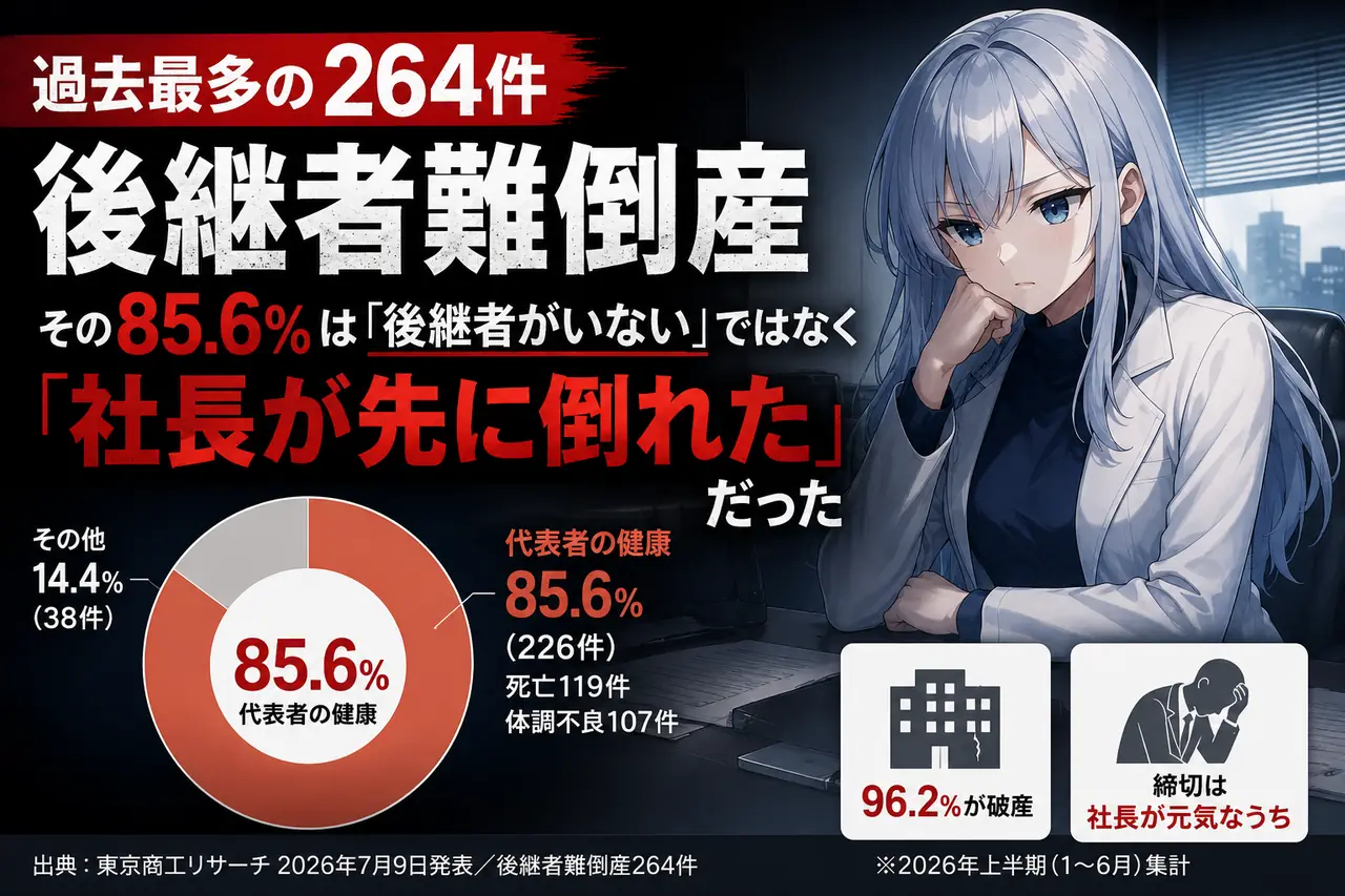 後継者難倒産、過去最多の264件 — その85.6%は「後継者がいない」ではなく「社長が先に倒れた」だった